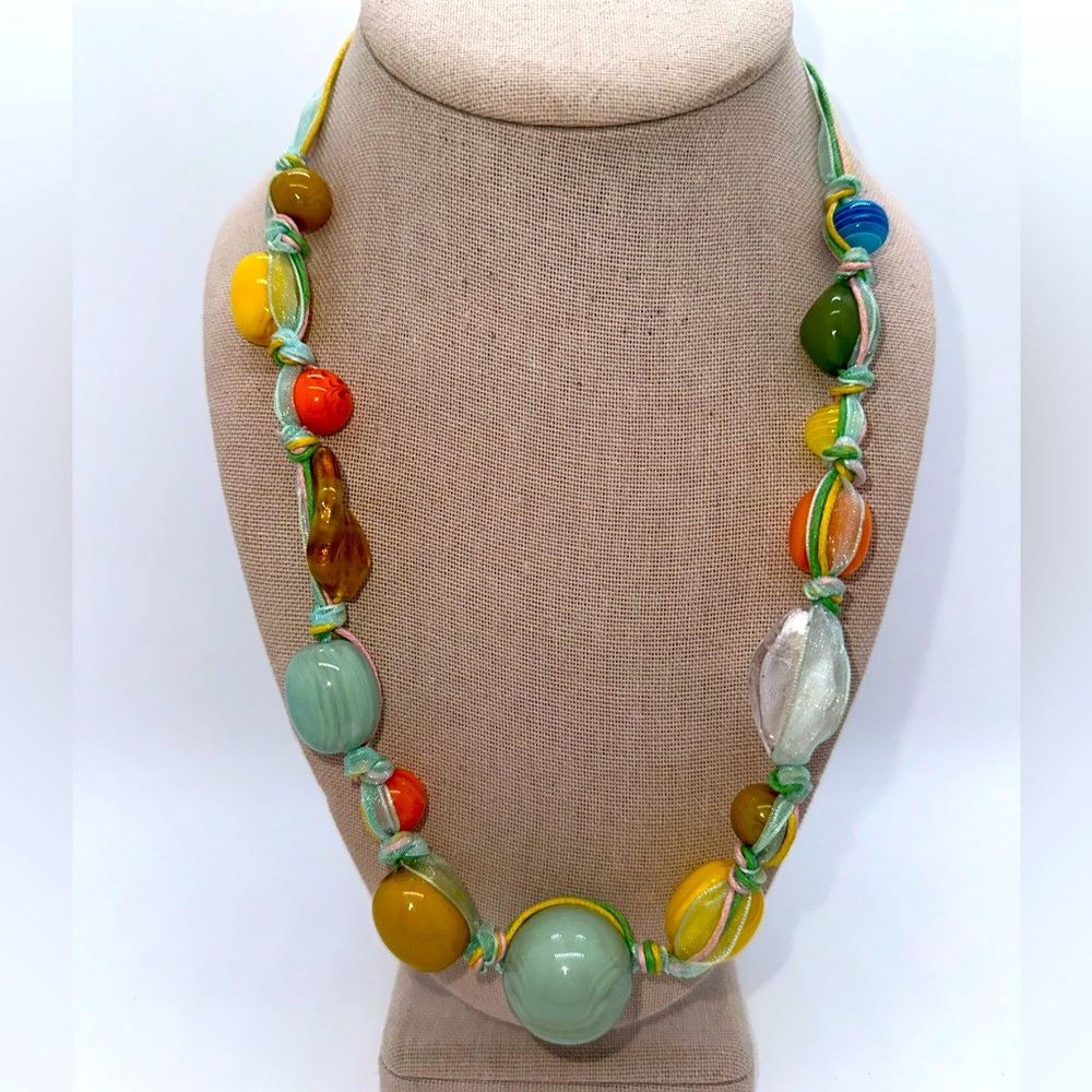 Handmade glass bead and ribbon colorful necklace
